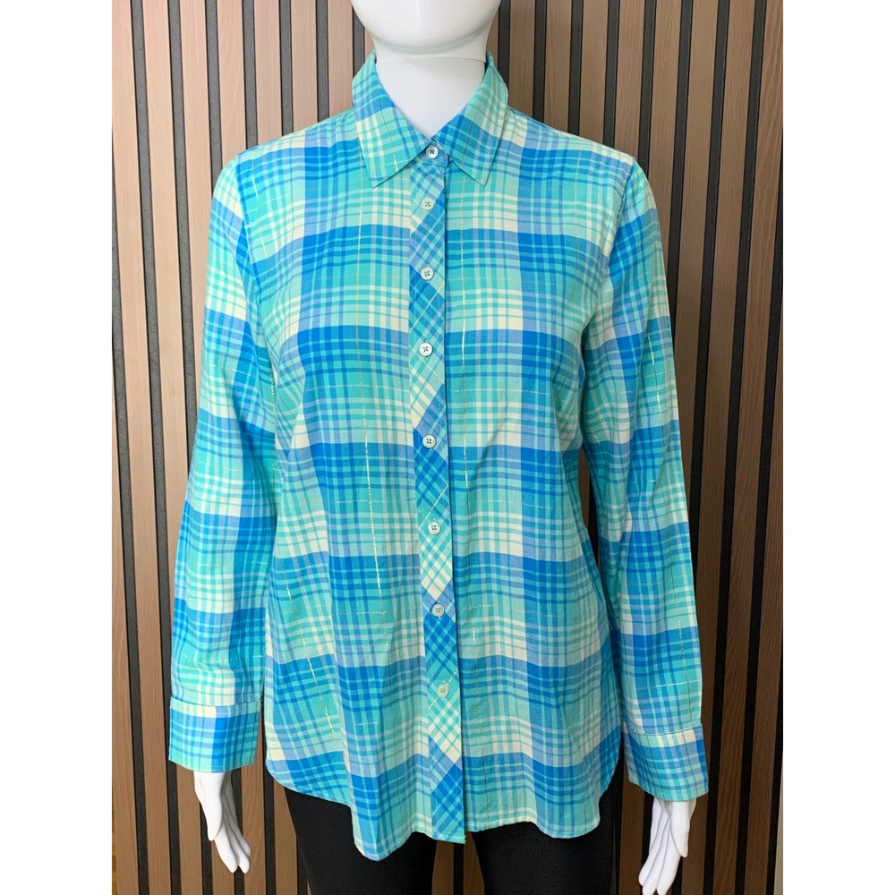 Talbots Women's Blue Plaid Button Down Shirt XS Long Sleeve Cotton Blend